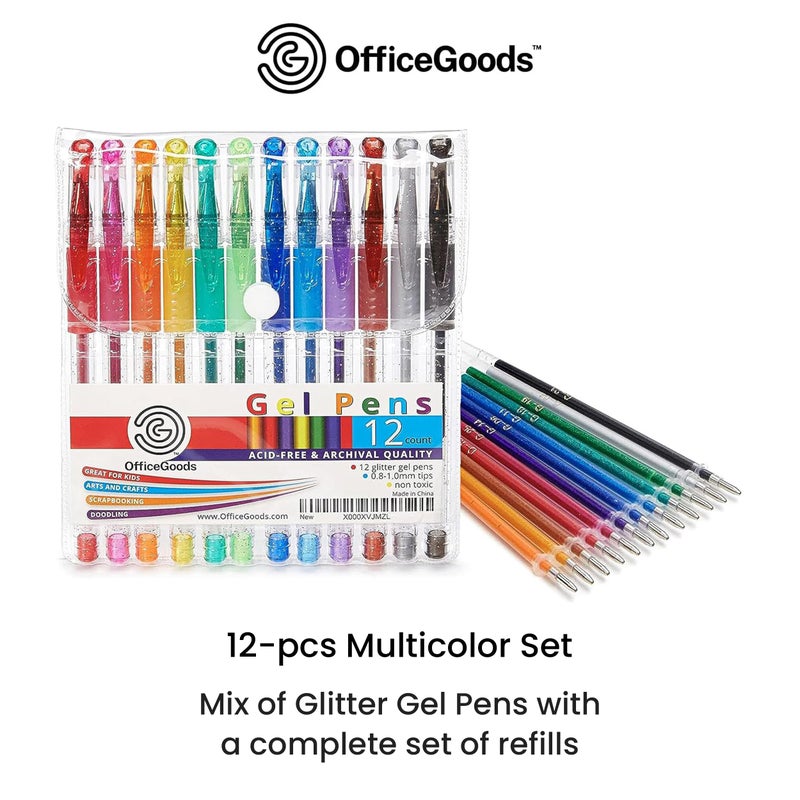 OfficeGoods Multicolor Gel Pens with Refills â€“ Adult Coloring Journaling Art â€“ Medium 0.8-1.0mm Tips â€“ Non-Toxic Gel Pens Set â€“ Quick Dry Smudge-Free 12 Pack Colors - Image 2